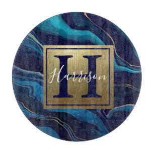 Navy Blue Agate Marble Gold Name and Monogram Cutting Board