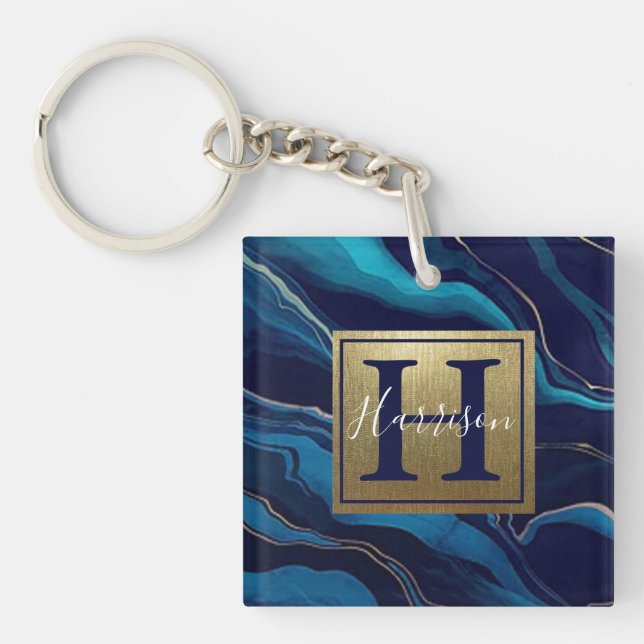 Navy Blue Agate Marble Gold Name and Monogram  Key Ring (Front)