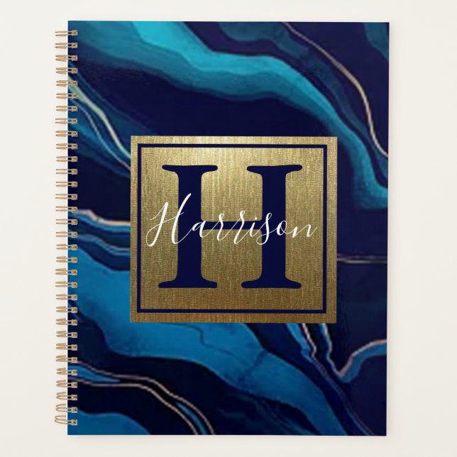 Navy Blue Agate Marble Gold Name and Monogram  Planner (Front)