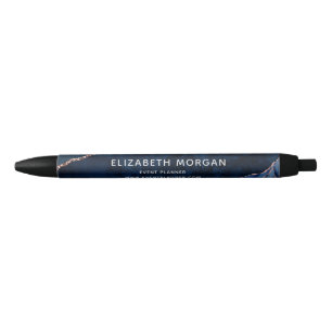 Navy Blue Agate Marble Rose Gold Glitter Name Black Ink Pen