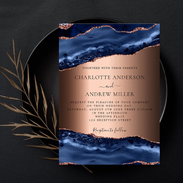 Navy blue agate marble rose gold wedding invitation (Creator Uploaded)