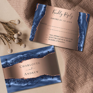 Navy blue agate marble rose gold wedding RSVP