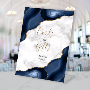 Navy Blue Agate Marble Wedding Cards and Gifts Pedestal Sign