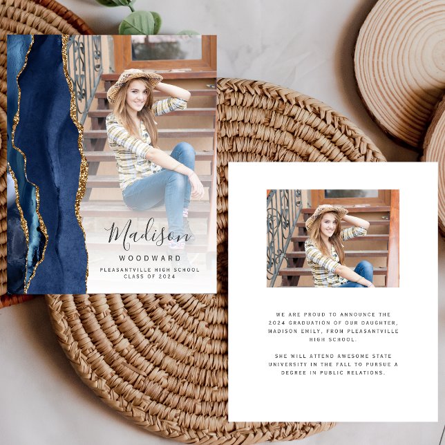 Navy Blue Agate Photo 2024 Graduation Announcement (Creator Uploaded)