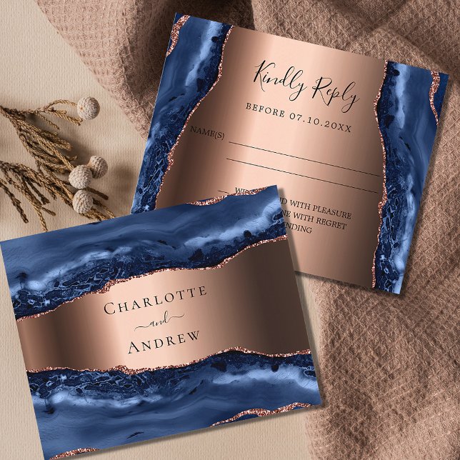 Navy blue agate rose gold budget wedding RSVP (Creator Uploaded)
