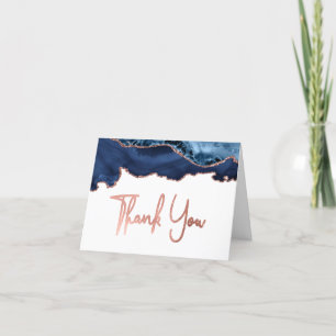 Navy Blue Agate Rose Gold Script Thank You Card