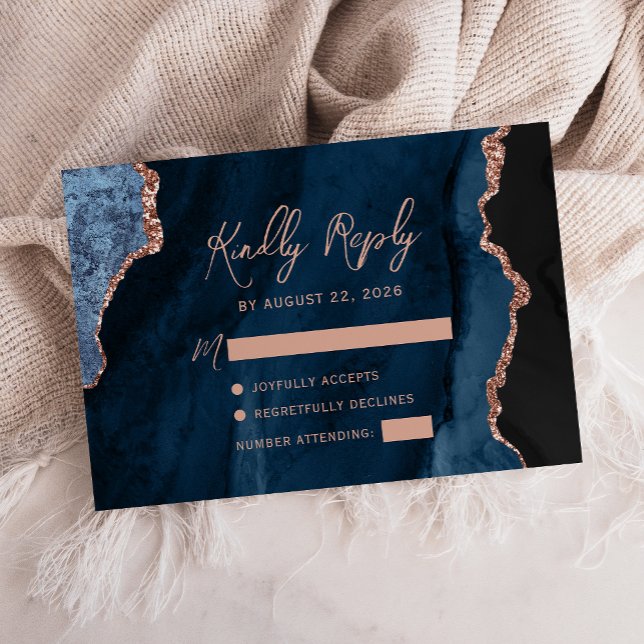 Navy Blue Agate Rose Gold Script Wedding RSVP Card (Creator Uploaded)