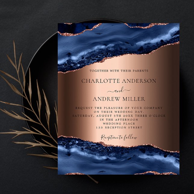 Navy blue agate rose gold wedding invitation (Creator Uploaded)