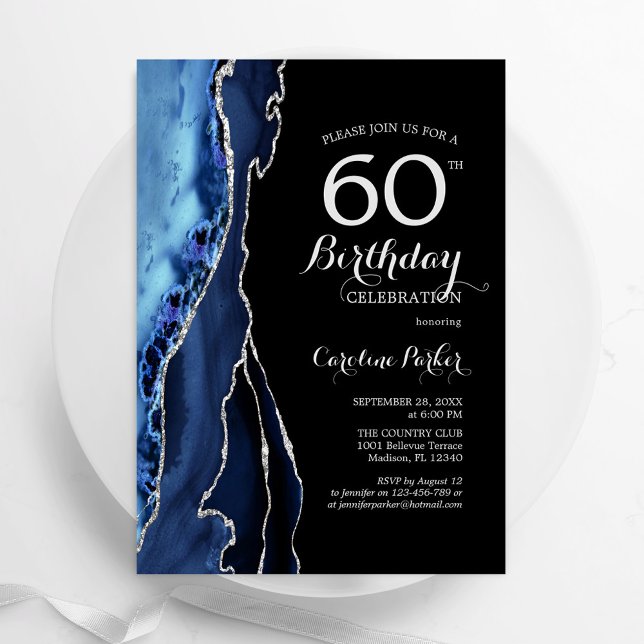 Navy Blue Agate Silver Black 60th Birthday Invitation (Creator Uploaded)