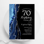 Navy Blue Agate Silver Black 70th Birthday Invitation<br><div class="desc">Navy blue,  black and silver agate 70th birthday party invitation. Elegant modern design featuring royal blue watercolor agate marble geode background,  faux glitter silver and typography script font. Trendy invite card perfect for a stylish women's bday celebration. Printed Zazzle invitations or instant download digital printable template.</div>