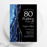 Navy Blue Agate Silver Black 80th Birthday Invitation<br><div class="desc">Navy blue,  black and silver agate 80th birthday party invitation. Elegant modern design featuring royal blue watercolor agate marble geode background,  faux glitter silver and typography script font. Trendy invite card perfect for a stylish women's bday celebration. Printed Zazzle invitations or instant download digital printable template.</div>