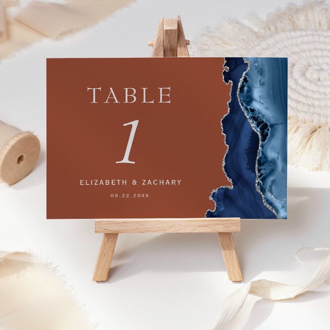 Navy Blue Agate Silver Burnt Orange Wedding Table Number (Creator Uploaded)