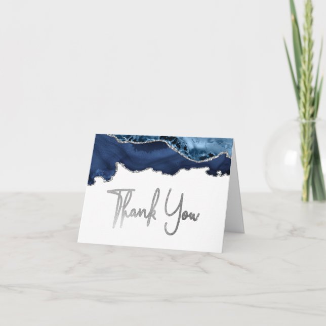 Navy Blue Agate Silver Script Thank You Card (Front)