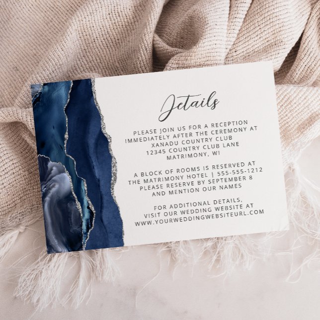 Navy Blue Agate Silver Wedding Details Enclosure Card (Creator Uploaded)