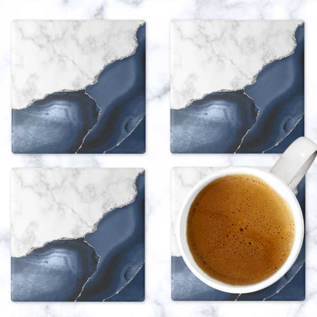 Navy Blue Agate White Marble Silver Glitter Stone Coaster (Creator Uploaded)