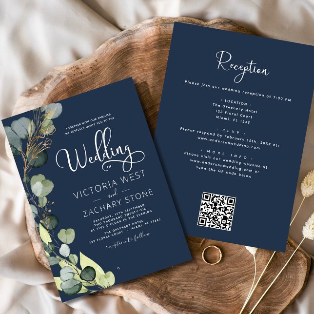 Navy Blue All in One Eucalyptus QR Code Wedding Invitation (Creator Uploaded)