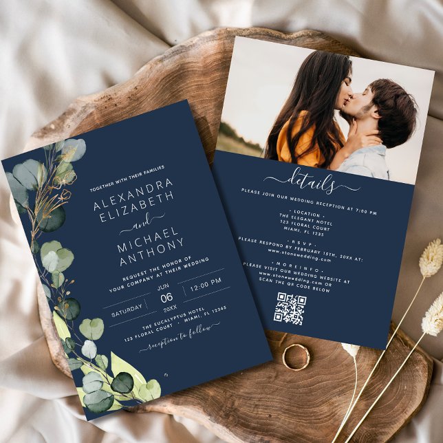 Navy Blue All in One Eucalyptus QR Code Wedding Invitation (Creator Uploaded)