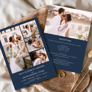 Navy Blue All In One Minimalist Photo Wedding Invitation