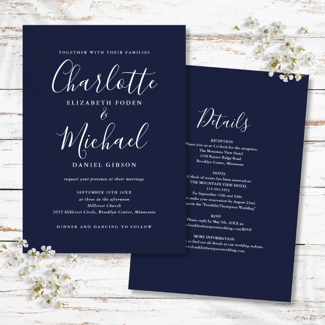 Navy Blue All In One Simple Script Wedding Invitation (Navy Blue All In One Simple Script Wedding Invitation)