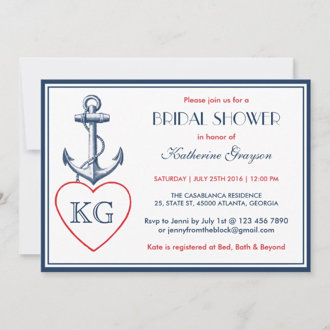 Navy Blue Anchor and Love Bridal Shower Invitation (Front)