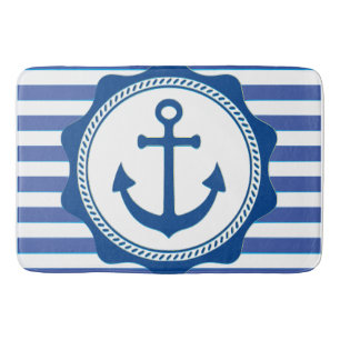 Navy Blue Anchor And Stripes Nautical Bath Mat