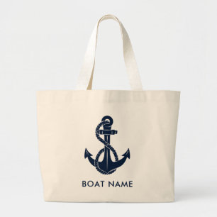 Navy Blue Anchor Boat Name Nautical Large Tote Bag