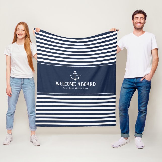 Navy Blue Anchor Boat Name Welcome Aboard Fleece Blanket (In Situ)
