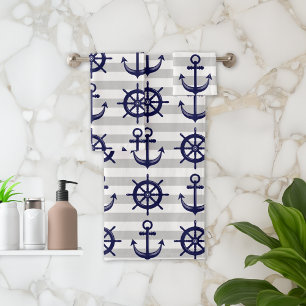 Navy Blue Anchor Boat Wheel Grey Stripe Nautical Bath Towel Set