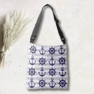 Navy Blue Anchor Boat Wheel Grey Stripe Nautical Crossbody Bag