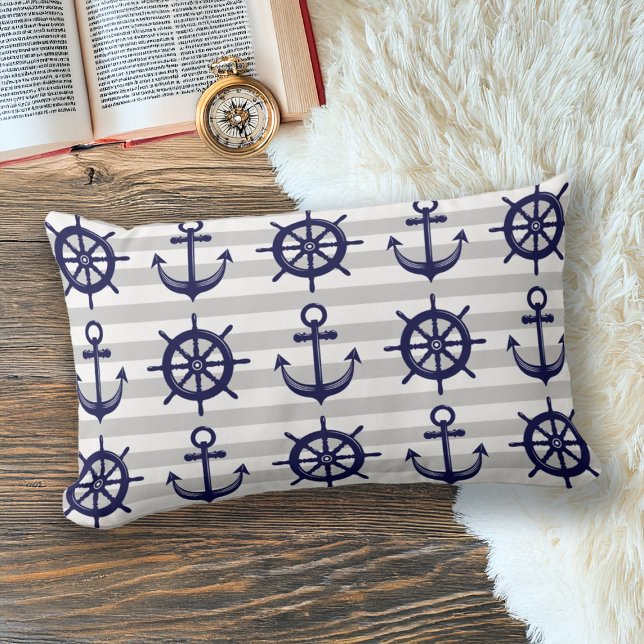 Navy Blue Anchor Boat Wheel Grey Stripe Nautical Lumbar Cushion (Creator Uploaded)