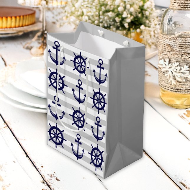 Navy Blue Anchor Boat Wheel Grey Stripe Nautical Medium Gift Bag (Creator Uploaded)
