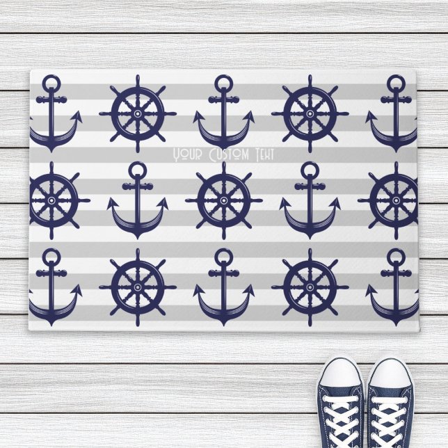 Navy Blue Anchor Boat Wheel Grey Striped Nautical Doormat (Creator Uploaded)