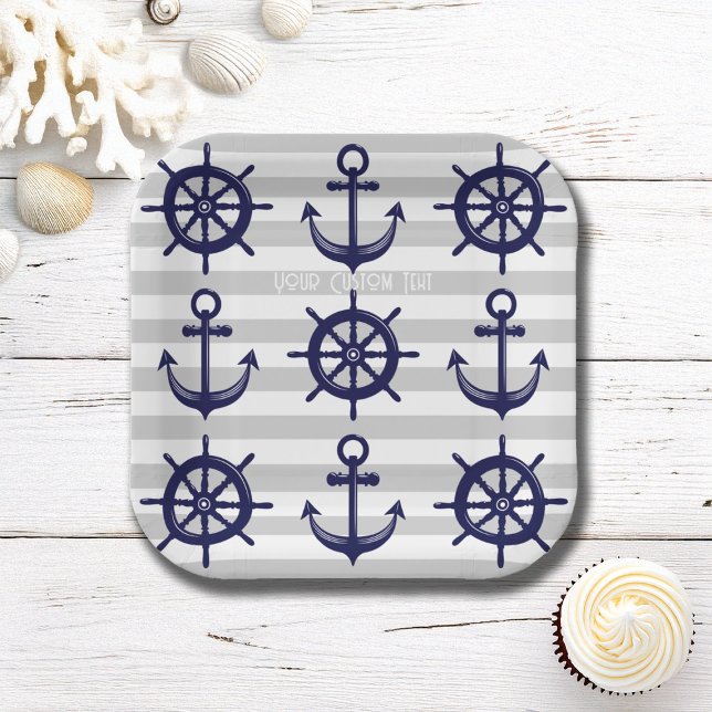 Navy Blue Anchor Boat Wheel Grey Striped Nautical Paper Plate (Creator Uploaded)