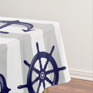 Navy Blue Anchor Boat Wheel Grey Striped Nautical Tablecloth
