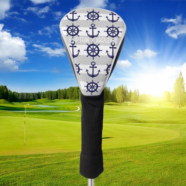 Navy Blue Anchor Boat Wheel White Striped Nautical Golf Head Cover (Creator Uploaded)