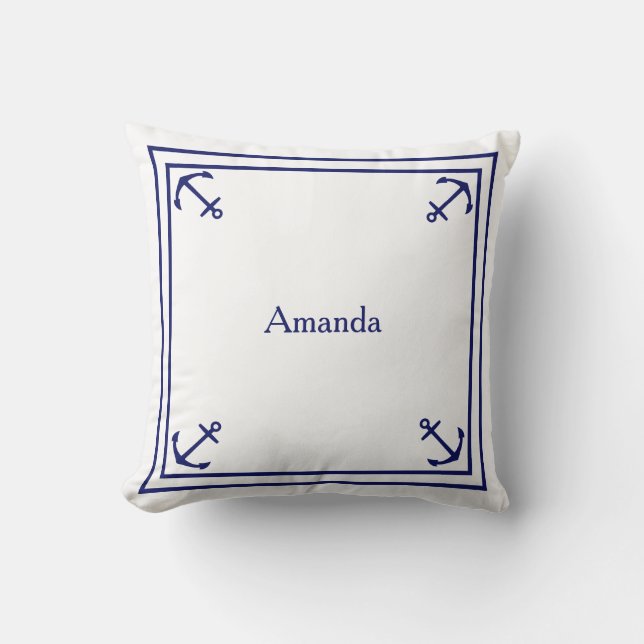 Navy Blue Anchor Border on White Cushion (Front)