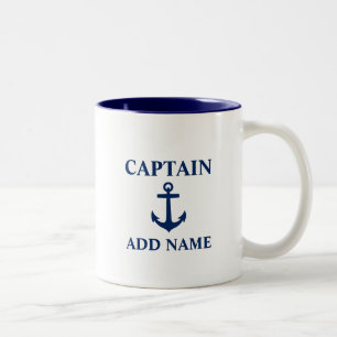 Navy Blue Anchor Captain Add Name or Boat Name Two-Tone Coffee Mug
