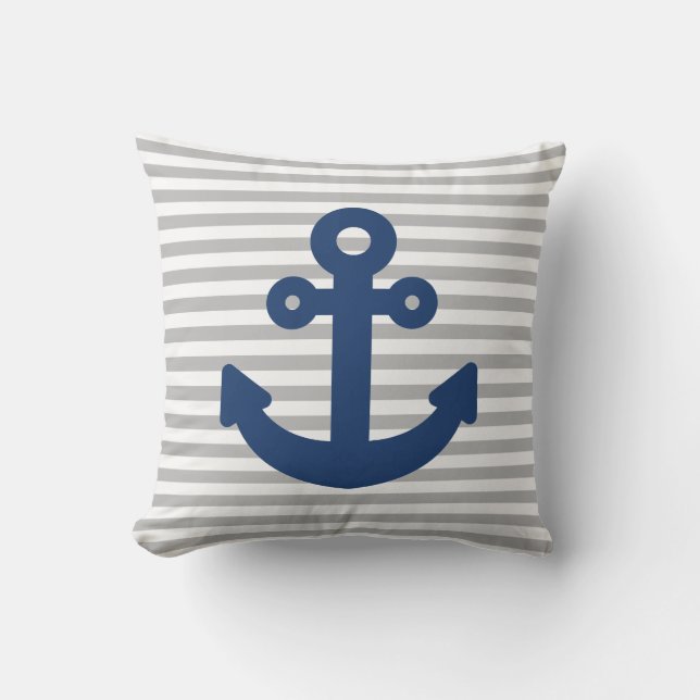 Navy Blue Anchor Light Grey Stripes Cushion (Front)