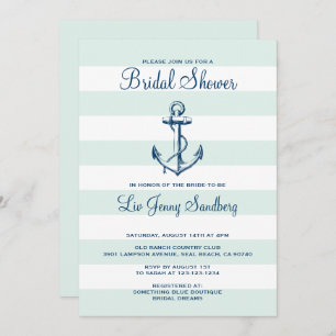 Navy Blue Anchor & Mint Stripes Bridal Shower Invitation