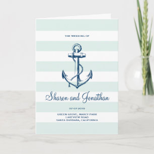 Navy Blue Anchor & Mint Stripes Nautical Wedding Programme