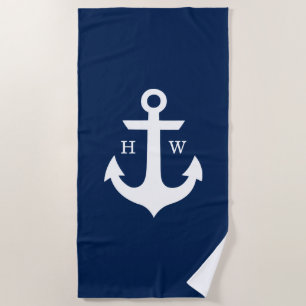 Navy Blue Anchor Monogram Beach Towel