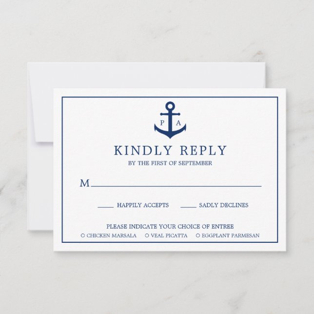 Navy Blue Anchor Monogram Nautical Wedding RSVP Card (Front)