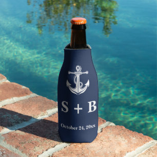 Navy Blue Anchor Nautical Beach Ocean Wedding Bottle Cooler
