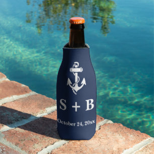 Navy Blue Anchor Nautical Beach Ocean Wedding  Bottle Cooler