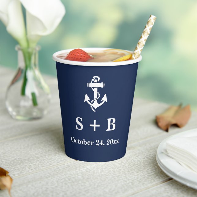 Navy Blue Anchor Nautical Beach Ocean Wedding  Paper Cups (Insitu)