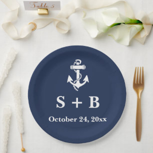 Navy Blue Anchor Nautical Beach Ocean Wedding Paper Plate