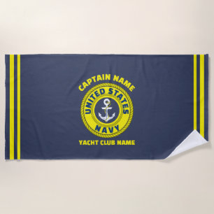 Navy blue Anchor nautical captain sailing summer Beach Towel