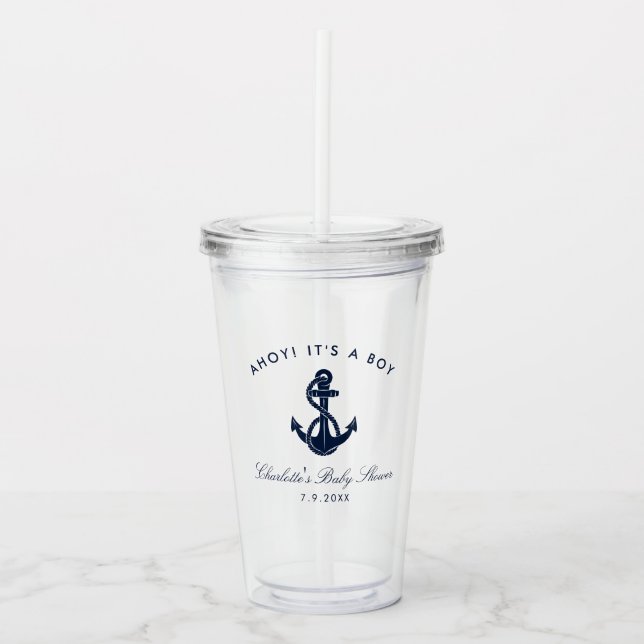 Navy Blue Anchor Nautical Coastal Baby Shower Acrylic Tumbler (Front)