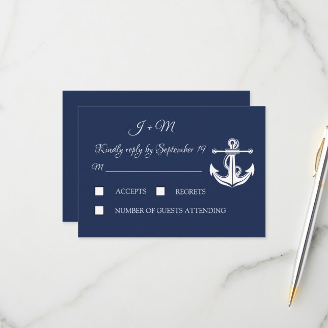 Navy Blue Anchor Nautical Elegant Summer RSVP (Front/Back In Situ)