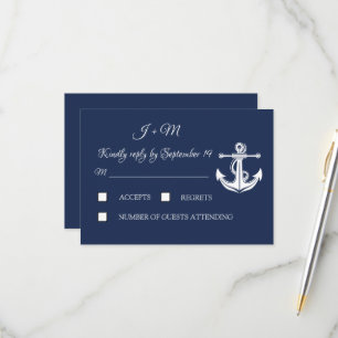 Navy Blue Anchor Nautical Elegant Summer RSVP Card